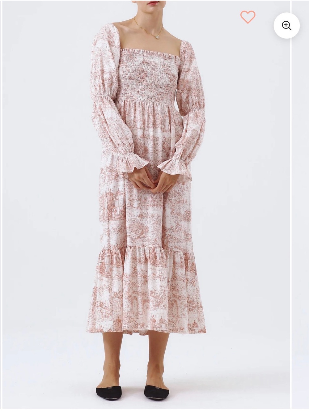 Nothing fits but Smocked Square-Neck Midi Dress in Blush Toile